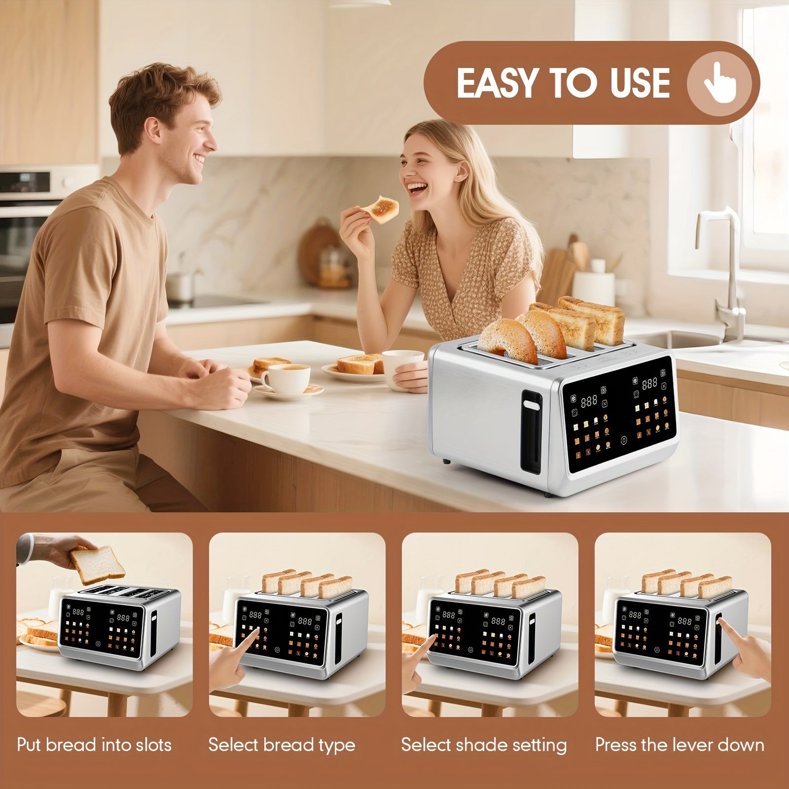 Toaster 4 Slice, Stainless Steel Digital Smart Toaster